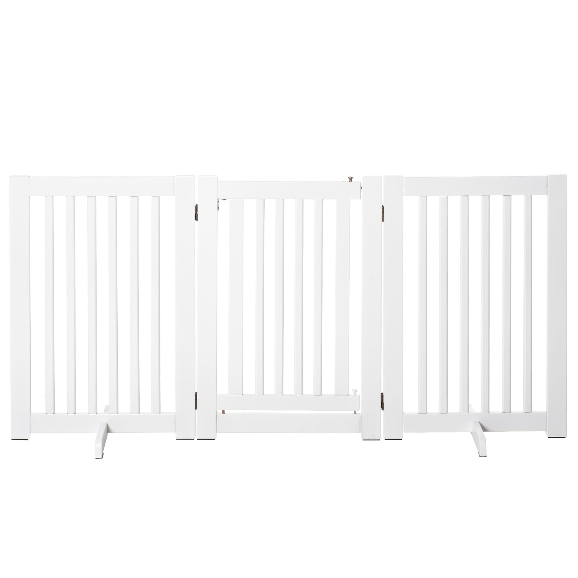 Wooden Dog Gate 61x30 inches Pet Fence Foldable 3 Panels with 1 Door and Support Legs for Hallway Stairway White
