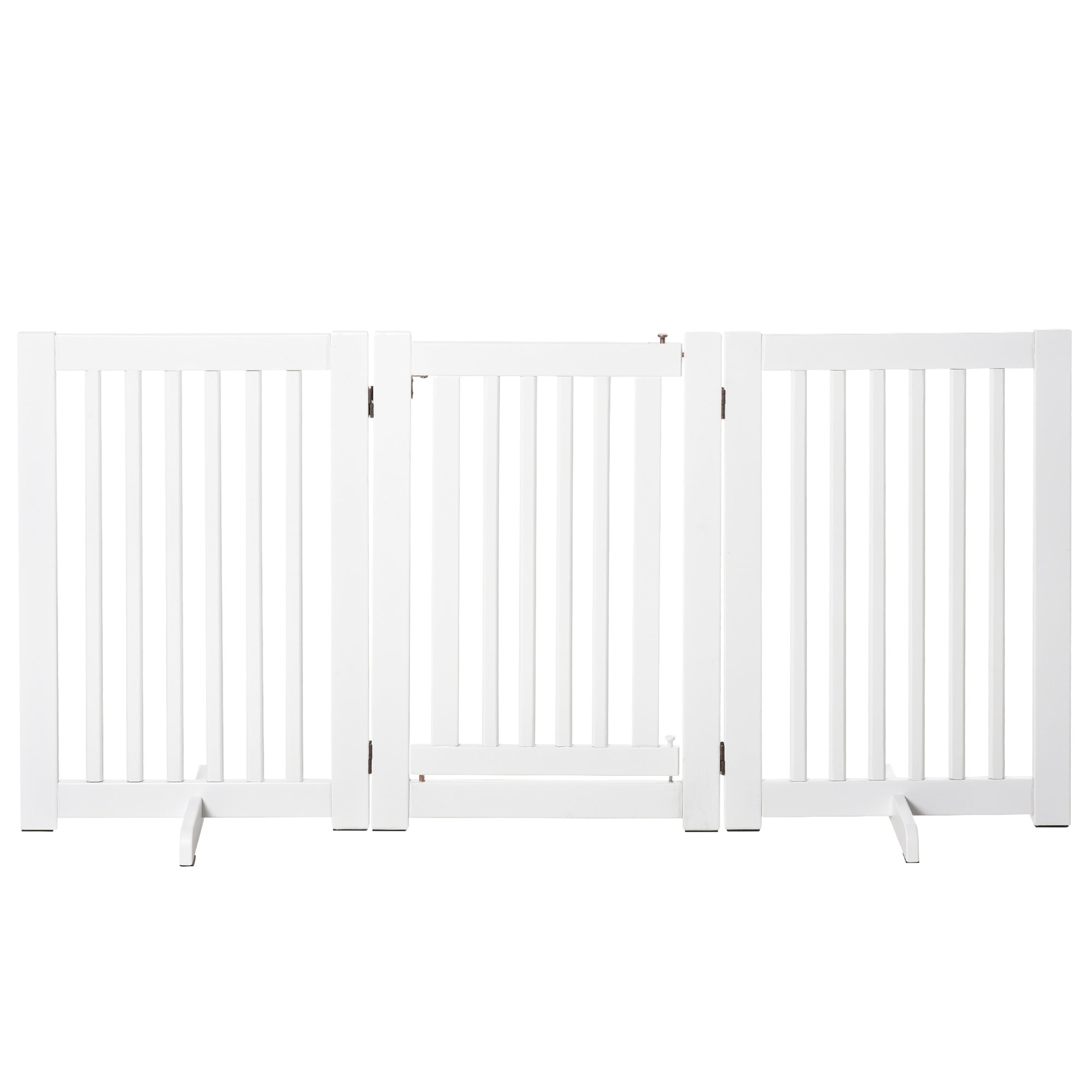 Wooden Dog Gate 61x30 inches Pet Fence Foldable 3 Panels with 1 Door and Support Legs for Hallway Stairway White
