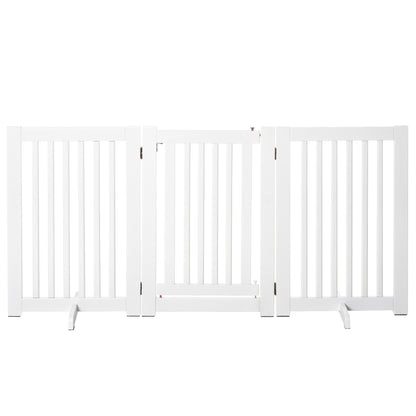 Wooden Dog Gate 61x30 inches Pet Fence Foldable 3 Panels with 1 Door and Support Legs for Hallway Stairway White