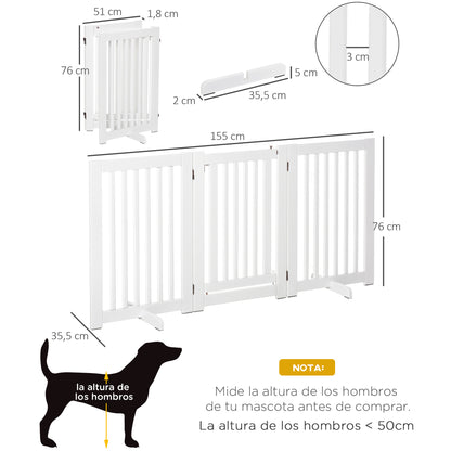 Wooden Dog Gate 61x30 inches Pet Fence Foldable 3 Panels with 1 Door and Support Legs for Hallway Stairway White