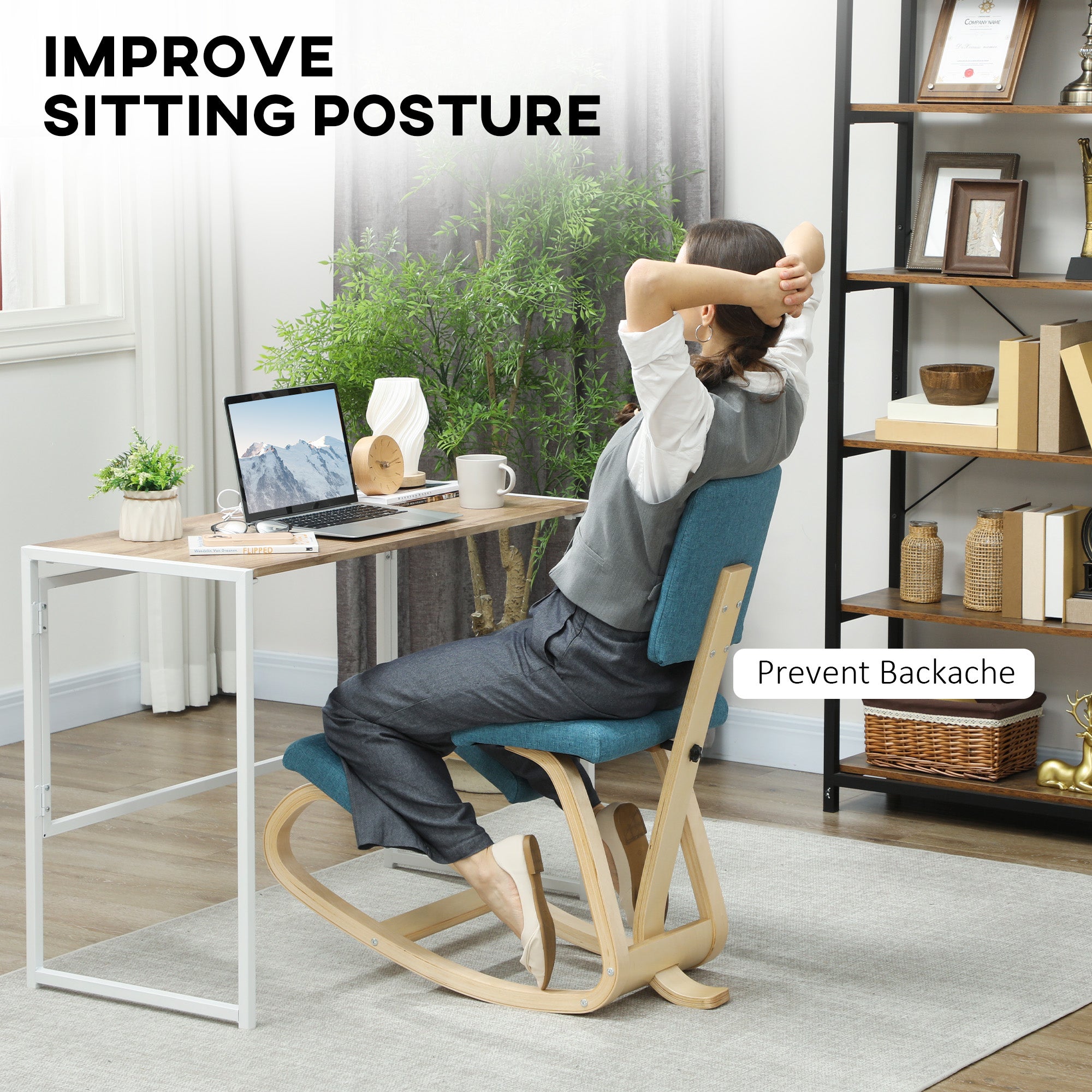 Ergonomic Kneeling Chair with Backrest — Birch Wood Office & Meditation Stool (Dark Blue)