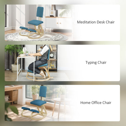 Ergonomic Kneeling Chair with Backrest — Birch Wood Office & Meditation Stool (Dark Blue)