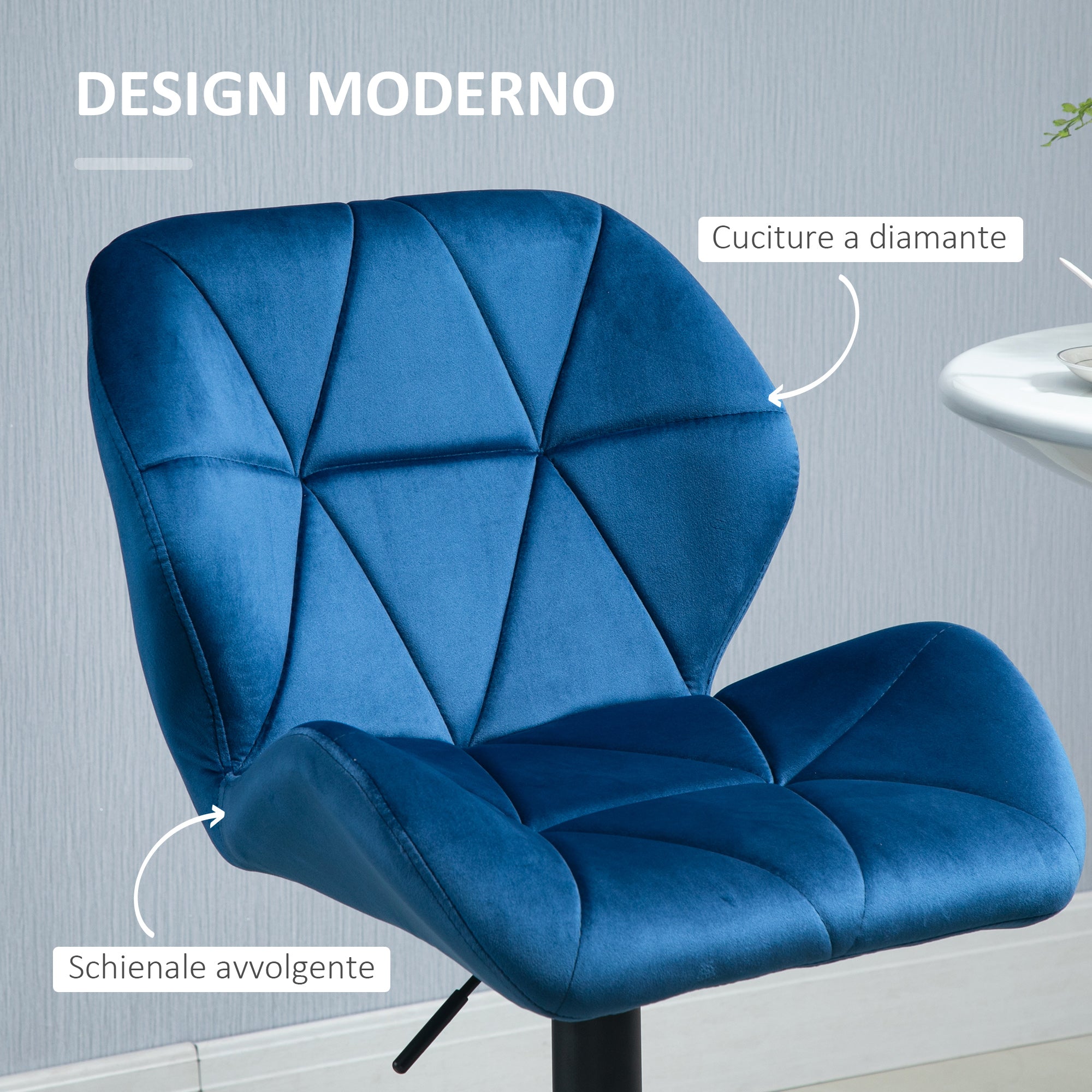 Set of 2 Swivel Bar Stools with Adjustable Height, Velvet Upholstery and Round Base, 51.5x57.5x93-114.5cm, Blue