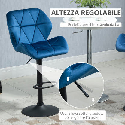 Set of 2 Swivel Bar Stools with Adjustable Height, Velvet Upholstery and Round Base, 51.5x57.5x93-114.5cm, Blue