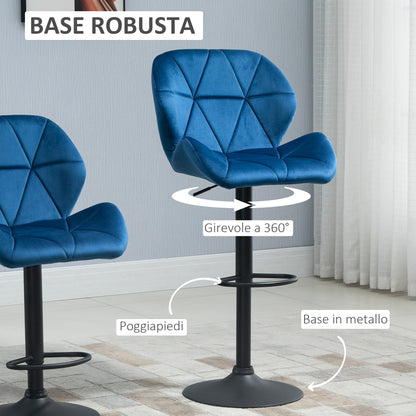 Set of 2 Swivel Bar Stools with Adjustable Height, Velvet Upholstery and Round Base, 51.5x57.5x93-114.5cm, Blue