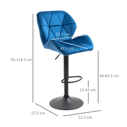 Set of 2 Swivel Bar Stools with Adjustable Height, Velvet Upholstery and Round Base, 51.5x57.5x93-114.5cm, Blue