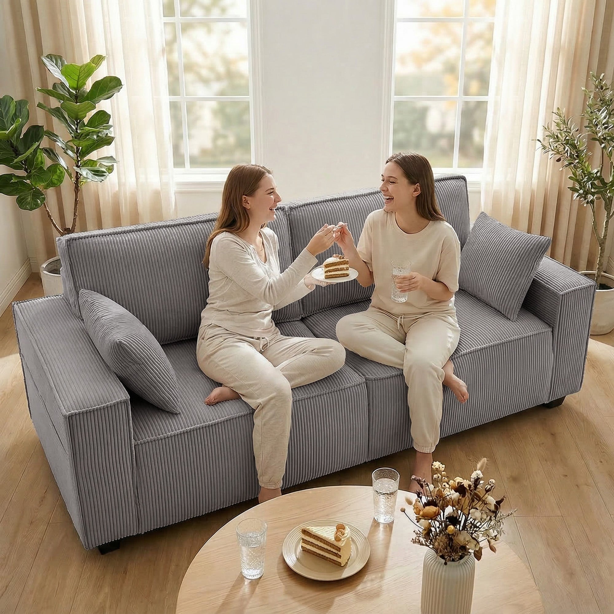 3-Seater Sofa, 86" Wide Couch with Wide Armrests, 2 Cushions, Comfortable Cord-Style Lounge Sofa, Padded Upholstered Sofa for Living Room/Bedroom, Light Gray