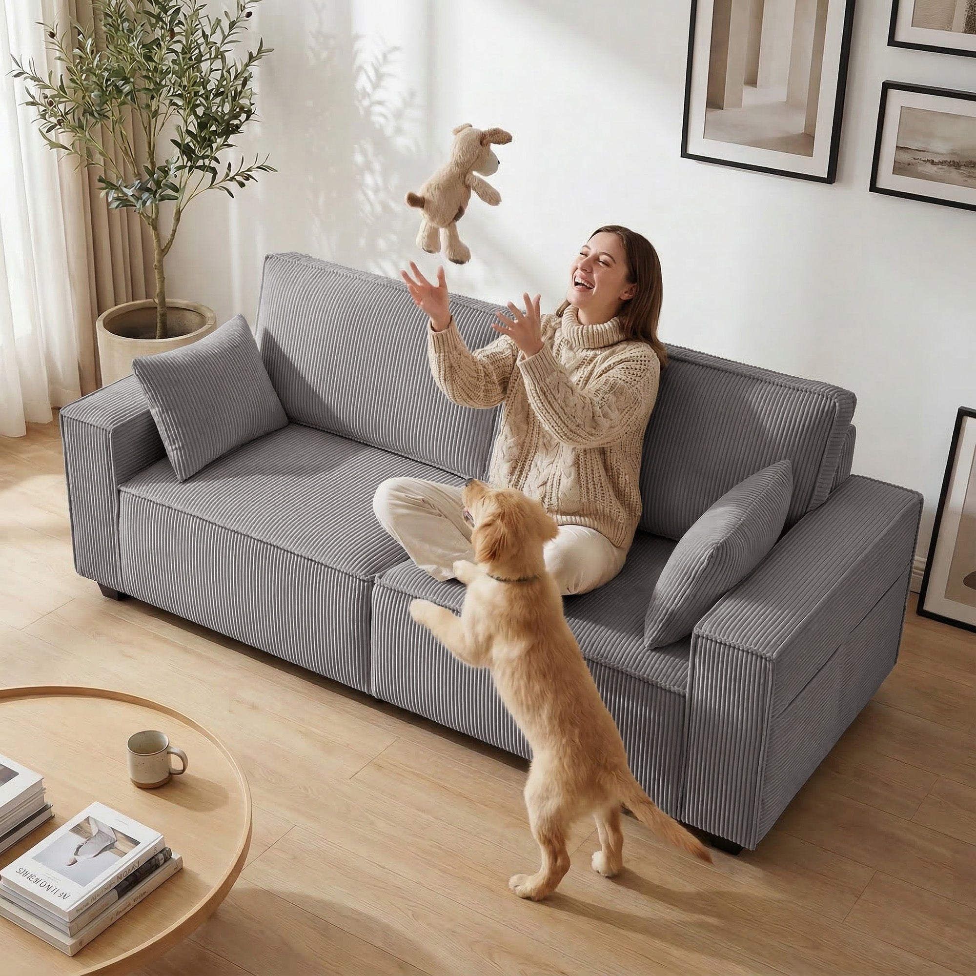 3-Seater Sofa, 86" Wide Couch with Wide Armrests, 2 Cushions, Comfortable Cord-Style Lounge Sofa, Padded Upholstered Sofa for Living Room/Bedroom, Light Gray