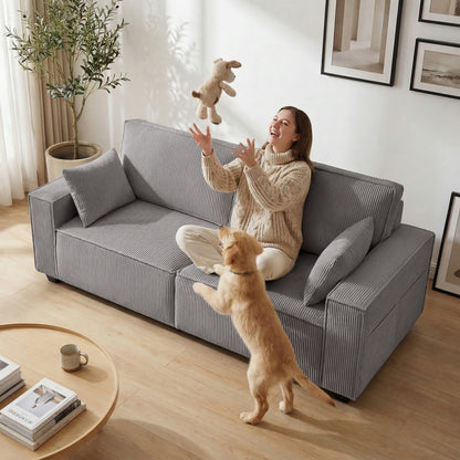 3-Seater Sofa, 86" Wide Couch with Wide Armrests, 2 Cushions, Comfortable Cord-Style Lounge Sofa, Padded Upholstered Sofa for Living Room/Bedroom, Light Gray