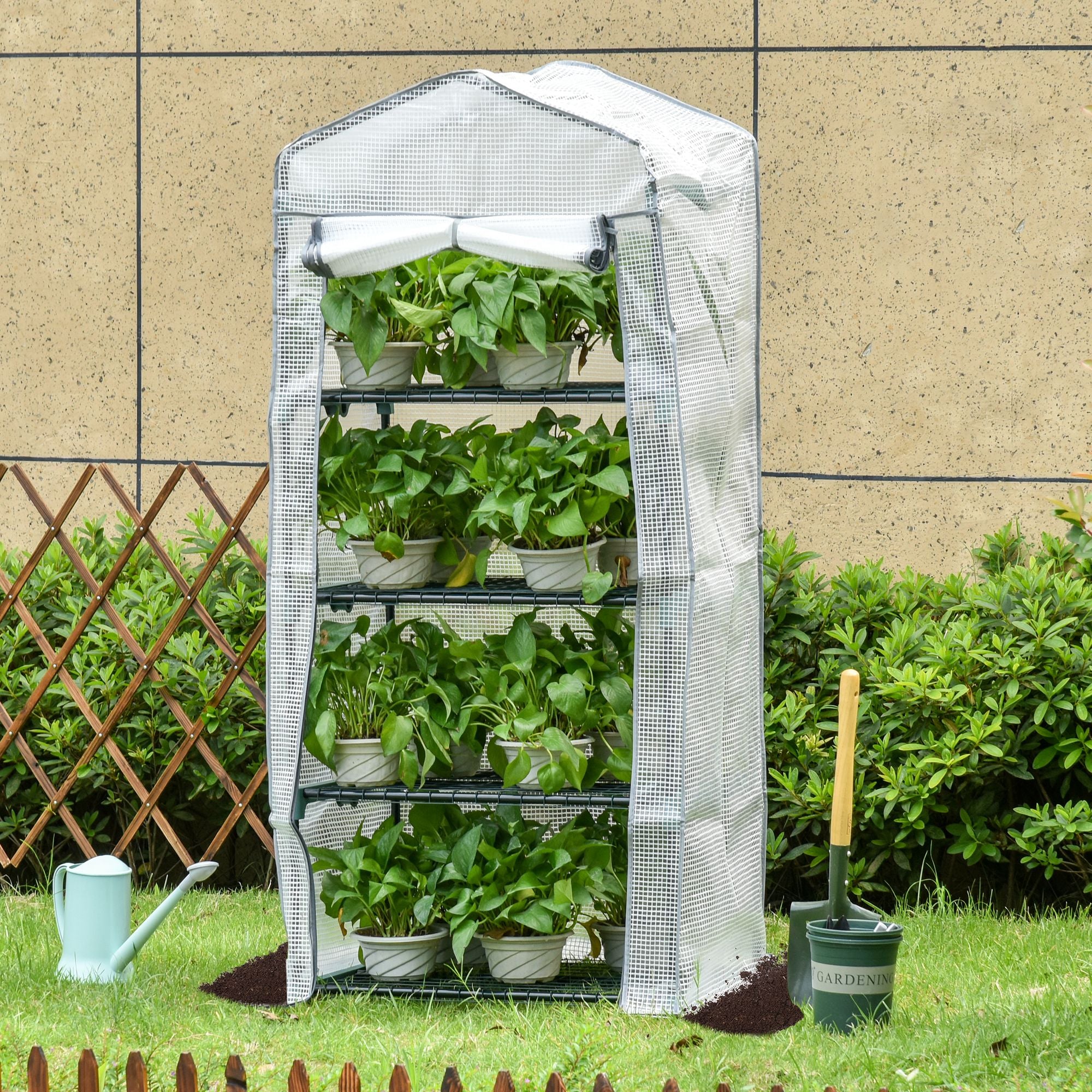 Mini Greenhouse with Shelves, PVC Cover & Roll-Up Door — Winter-Proof Tomato House for Balcony & Garden, 70 x 50 x 160 cm (28 x 20 x 63 in) — White