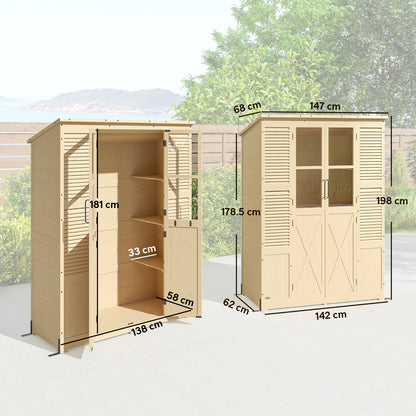 Walk-In Fir Wood Garden Shed with Asphalt Sloped Roof, 4 Windows, 6 Shelves, Ventilation & Anti-Tip Kit — 57.9 x 26.8 x 78.0 in (147 x 68 x 198 cm), Natural Wood