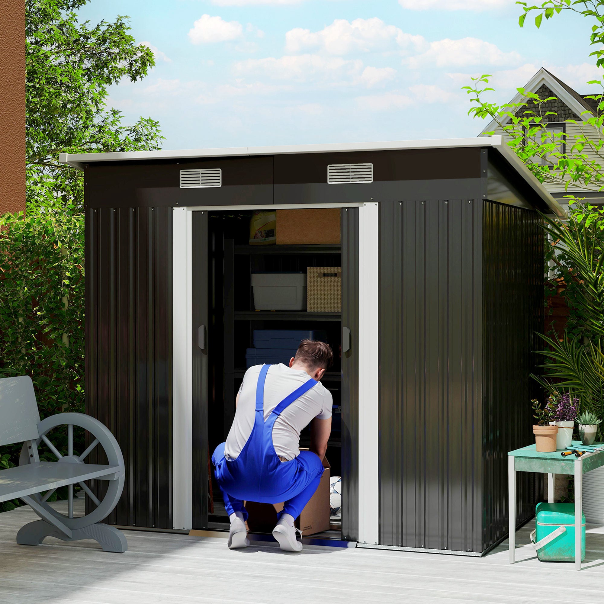 Metal Garden Shed 2.3 m² 207 x 130 x 182 cm Tool Shed with Pent Roof Window Foundation Sliding Doors Weatherproof Outdoor Garden Shed for Backyard Black