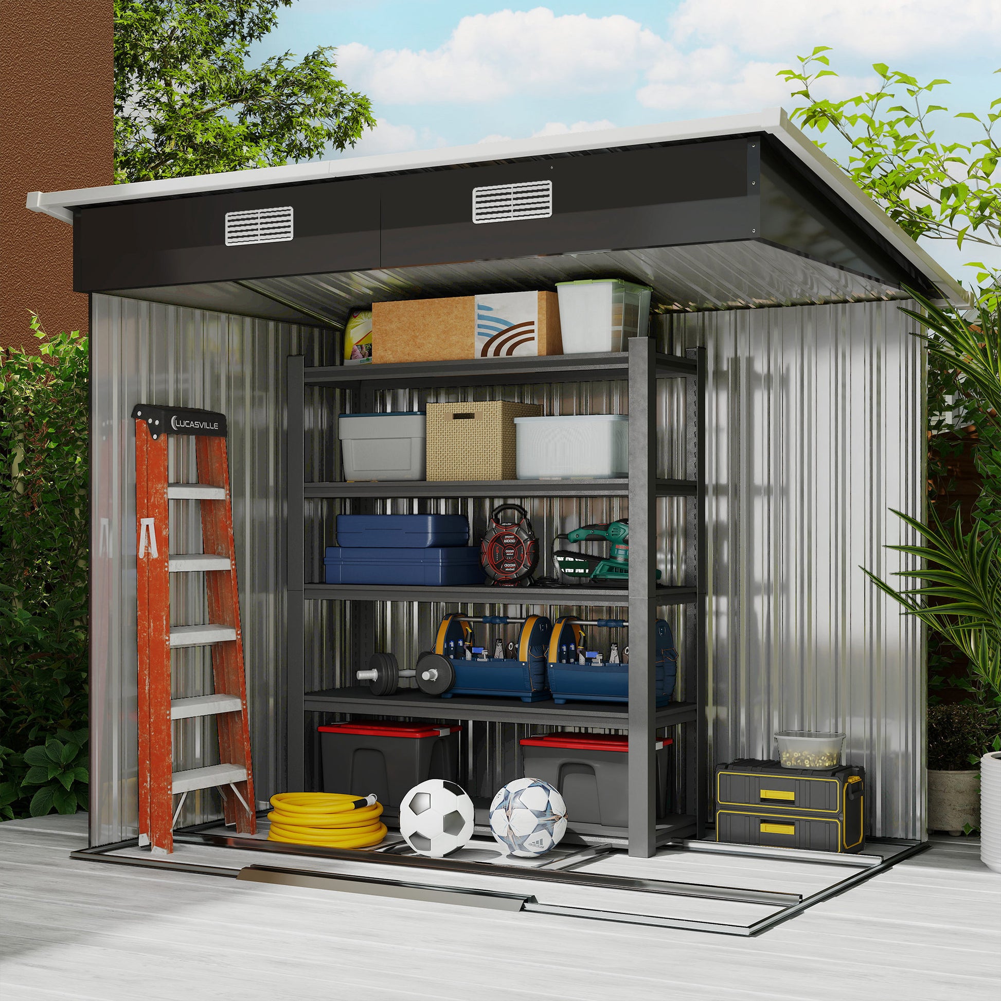 Metal Garden Shed 2.3 m² 207 x 130 x 182 cm Tool Shed with Pent Roof Window Foundation Sliding Doors Weatherproof Outdoor Garden Shed for Backyard Black