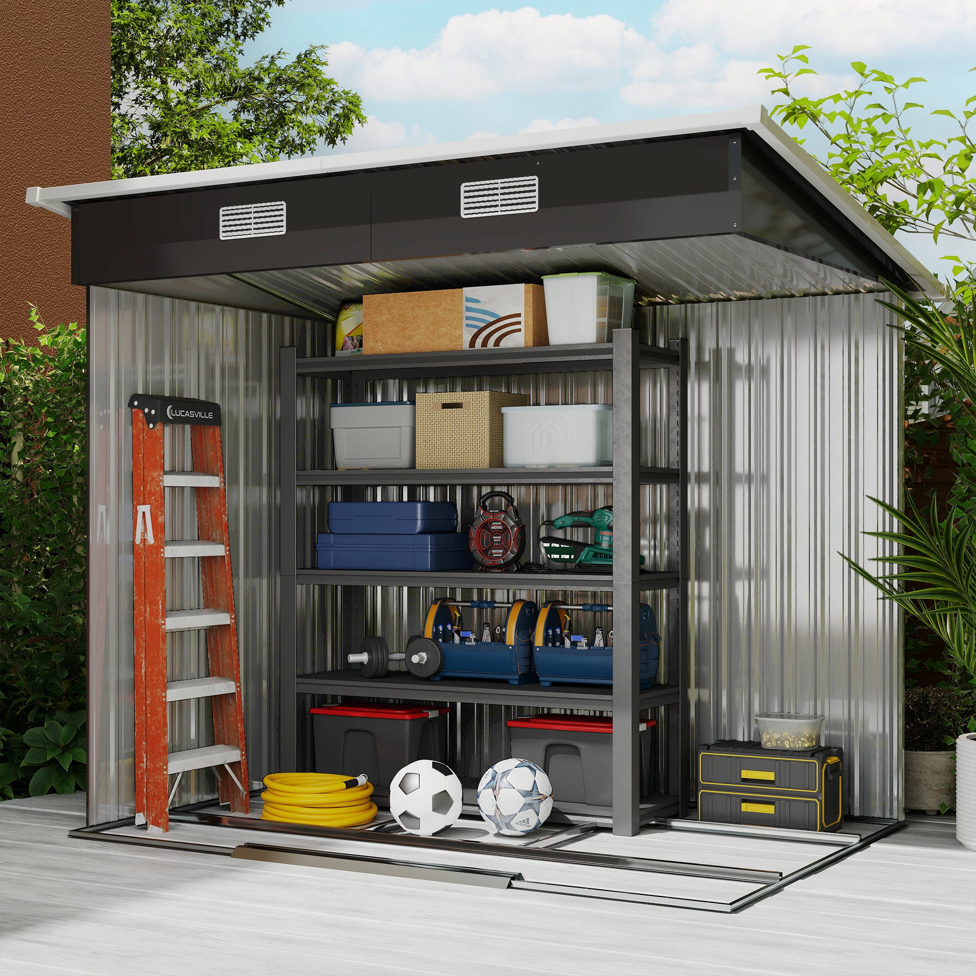 Metal Garden Shed 2.3 m² 207 x 130 x 182 cm Tool Shed with Pent Roof Window Foundation Sliding Doors Weatherproof Outdoor Garden Shed for Backyard Black