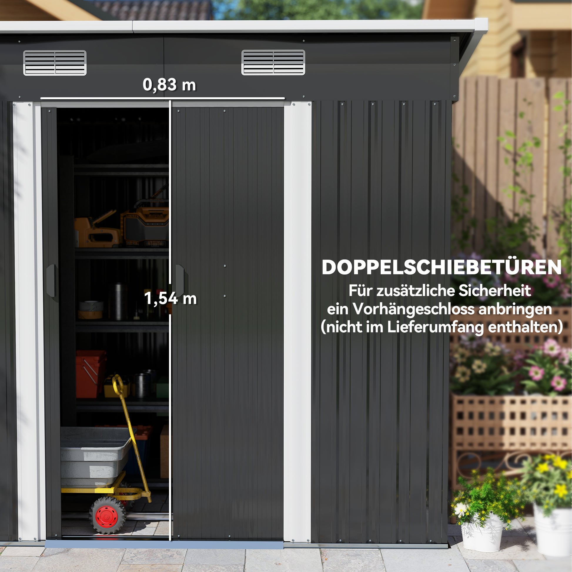 Metal Garden Shed 2.3 m² 207 x 130 x 182 cm Tool Shed with Pent Roof Window Foundation Sliding Doors Weatherproof Outdoor Garden Shed for Backyard Black