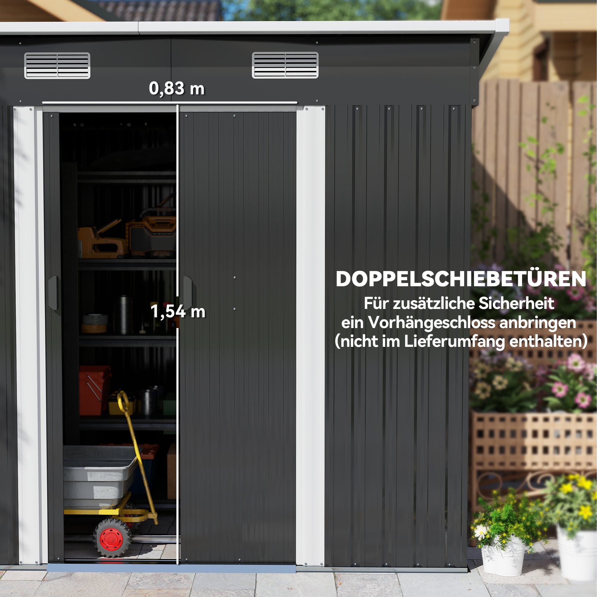 Metal Garden Shed 2.3 m² 207 x 130 x 182 cm Tool Shed with Pent Roof Window Foundation Sliding Doors Weatherproof Outdoor Garden Shed for Backyard Black