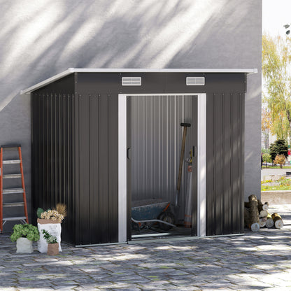 Metal Garden Shed 2.3 m² 207 x 130 x 182 cm Tool Shed with Pent Roof Window Foundation Sliding Doors Weatherproof Outdoor Garden Shed for Backyard Black