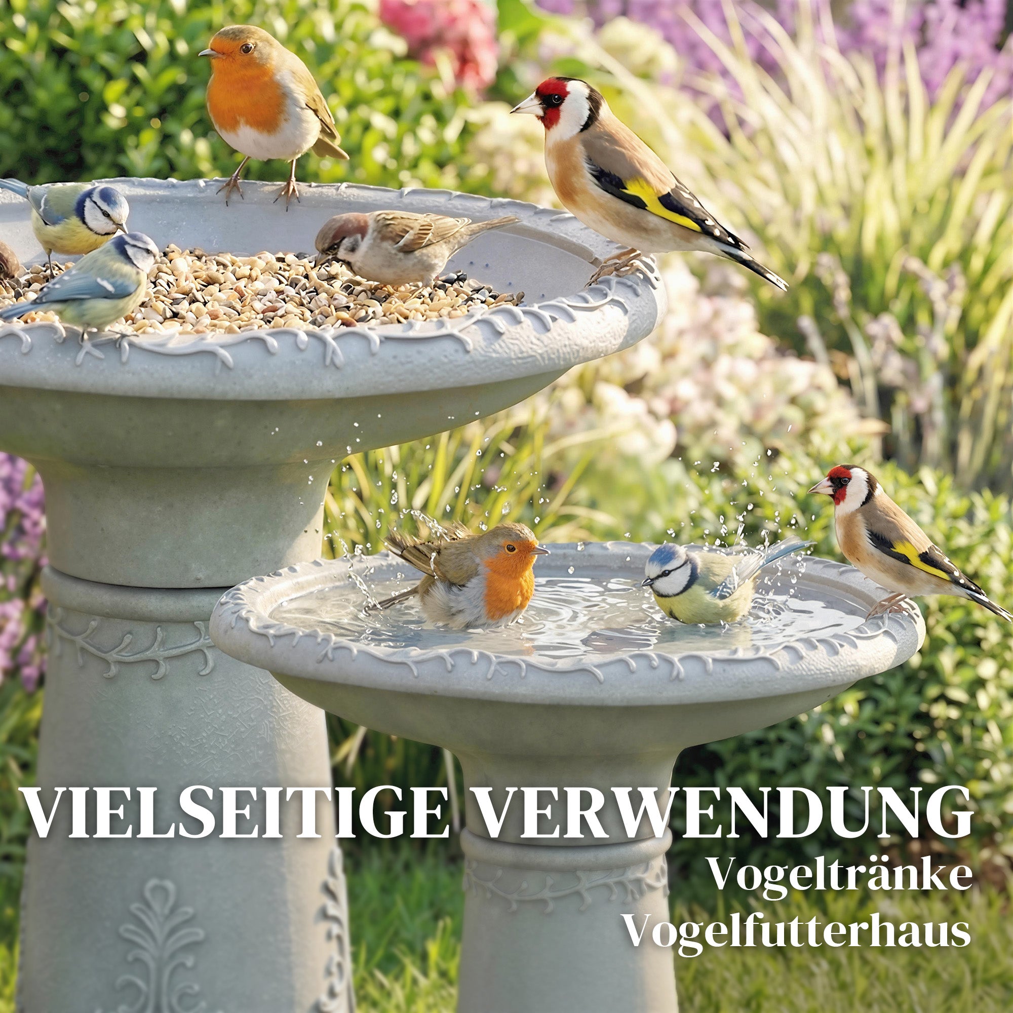 Resin Stone-Look Bird Bath, 20 in (51 cm) — Freestanding Garden Feeder & Bath, Gray