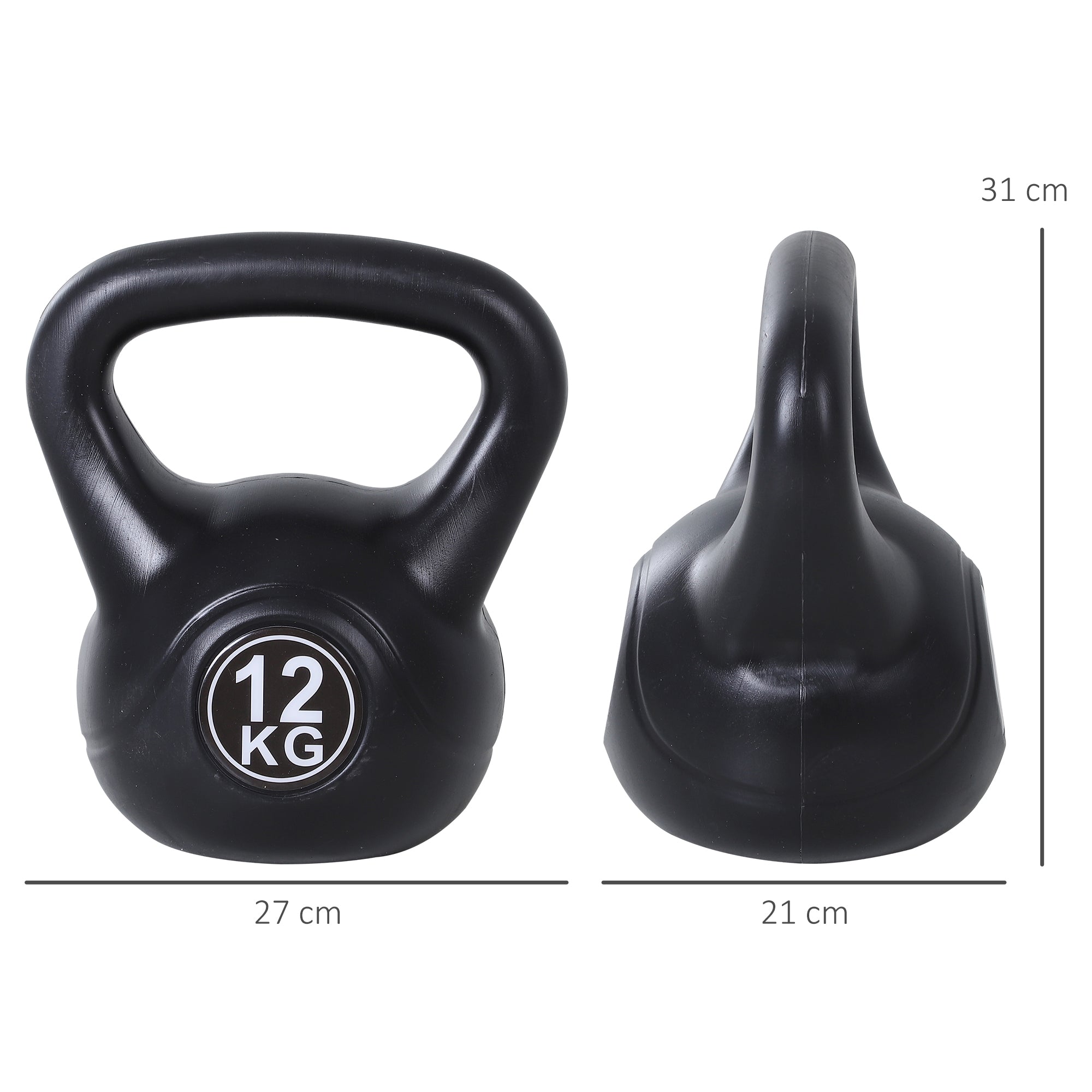 12 kg Kettlebell Fitness Sand Filled Russian Weight with Wide Non-Slip Handle for Home and Gym Exercise and Training 27x21x31 cm Black