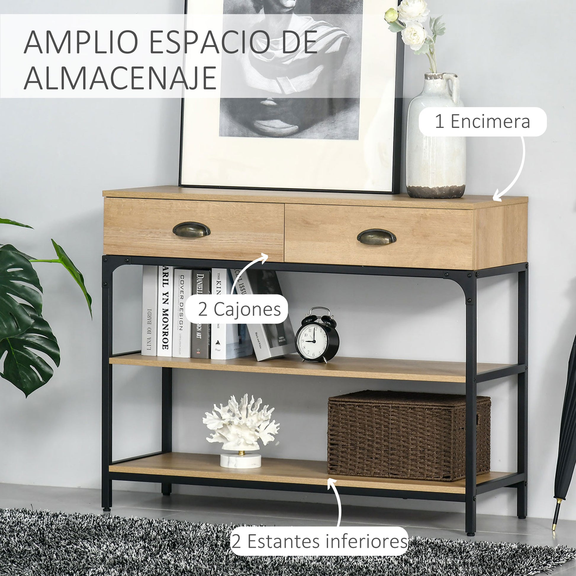 Console Table Entryway Table with 2 Drawers and 2 Storage Shelves Steel Frame Hallway Furniture for Hallway Living Room 100x35x79.2 cm Oak