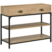 Console Table Entryway Table with 2 Drawers and 2 Storage Shelves Steel Frame Hallway Furniture for Hallway Living Room 100x35x79.2 cm Oak