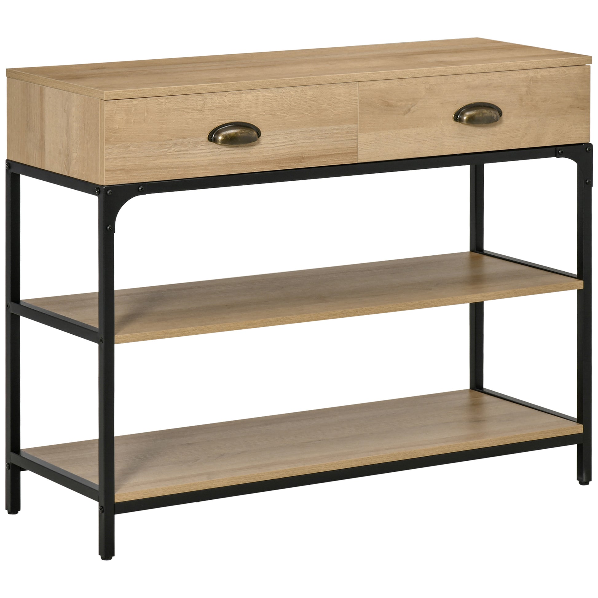 Console Table Entryway Table with 2 Drawers and 2 Storage Shelves Steel Frame Hallway Furniture for Hallway Living Room 100x35x79.2 cm Oak