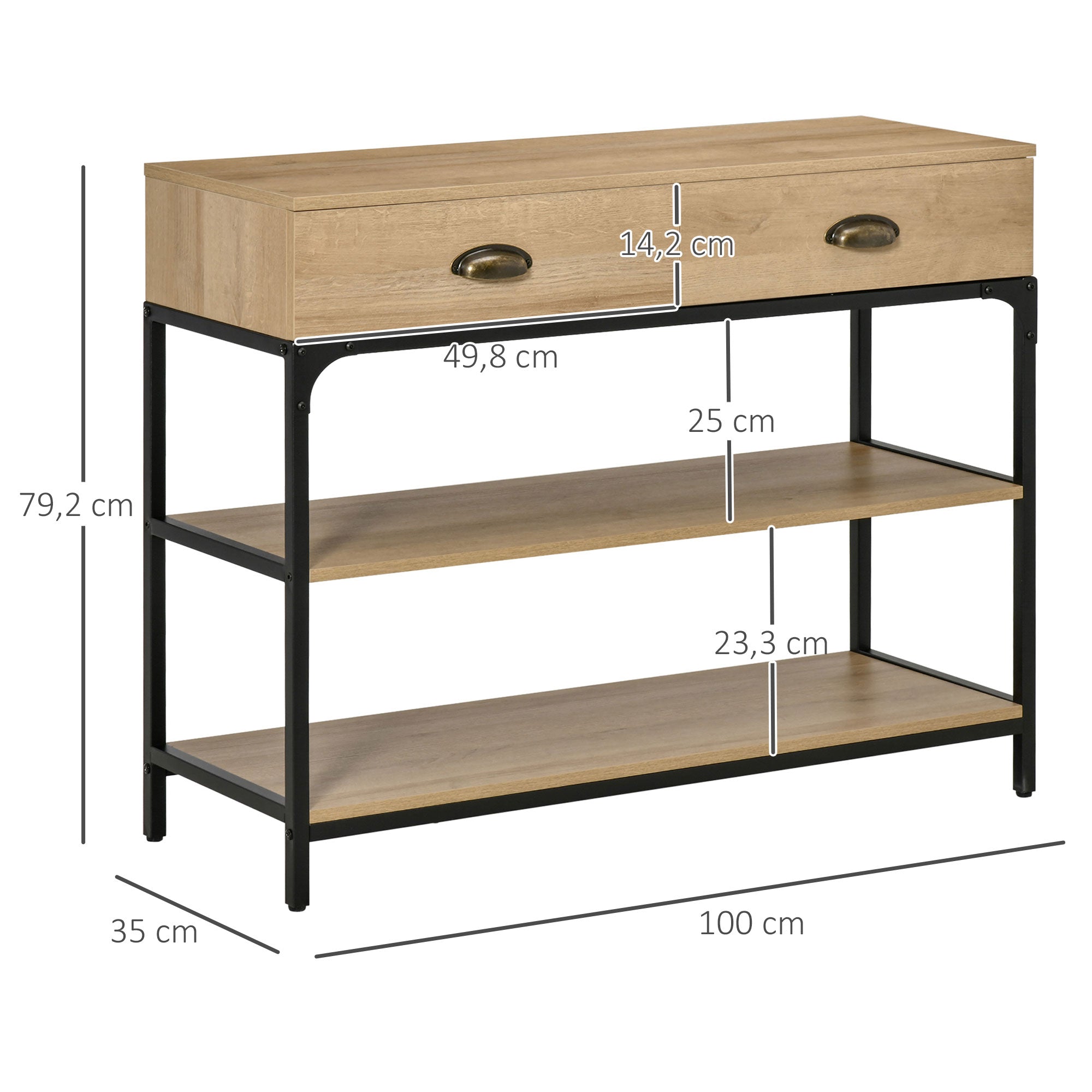 Console Table Entryway Table with 2 Drawers and 2 Storage Shelves Steel Frame Hallway Furniture for Hallway Living Room 100x35x79.2 cm Oak