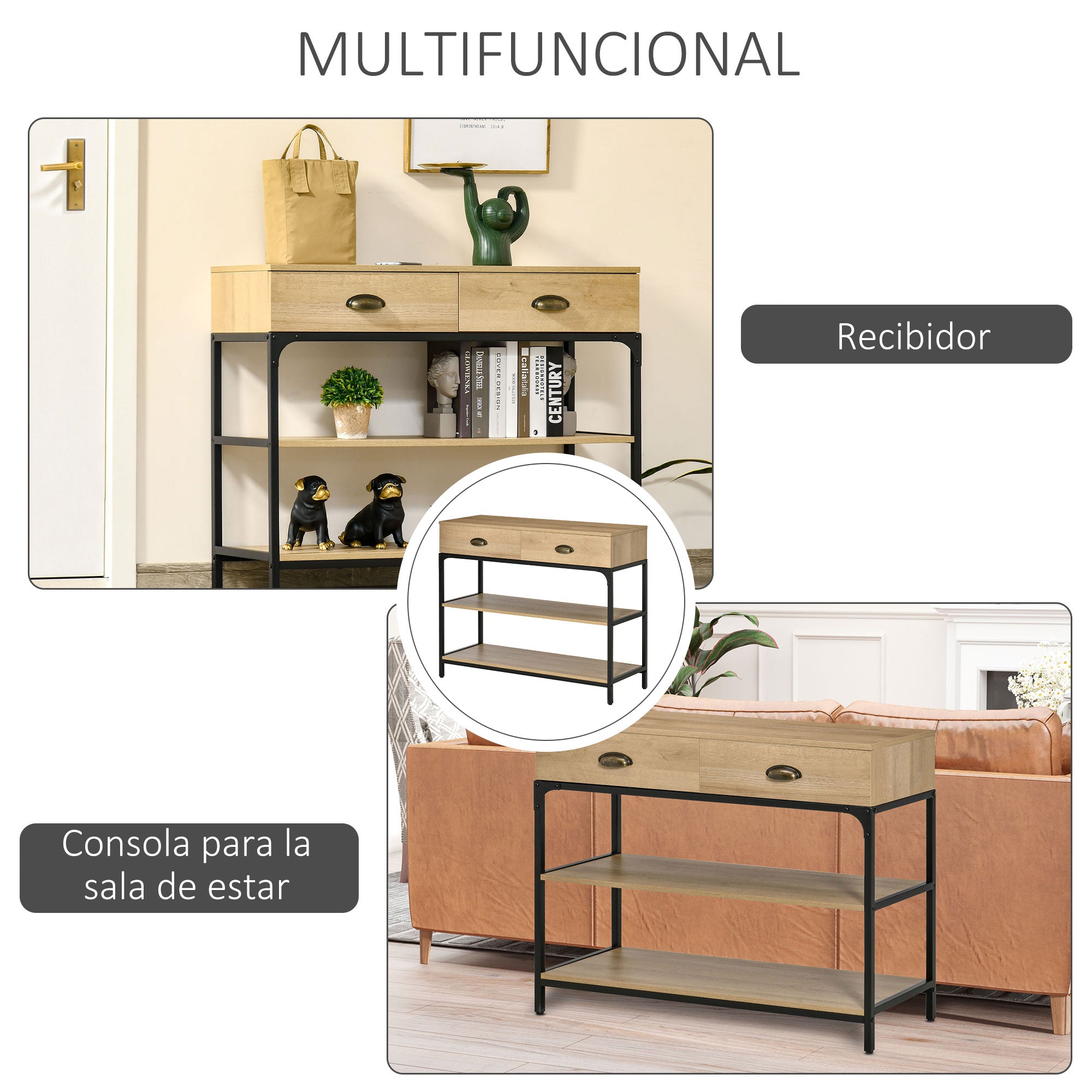 Console Table Entryway Table with 2 Drawers and 2 Storage Shelves Steel Frame Hallway Furniture for Hallway Living Room 100x35x79.2 cm Oak