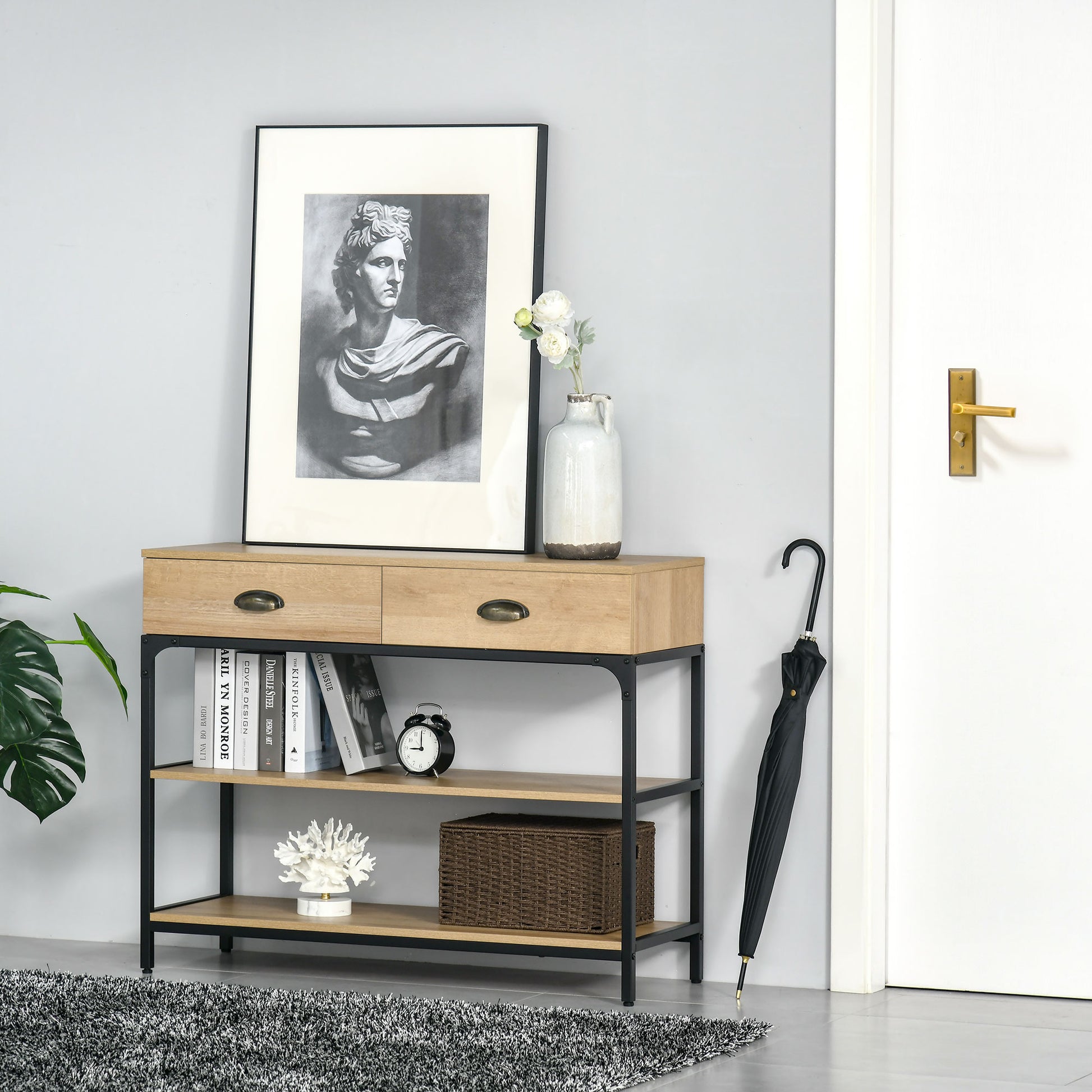 Console Table Entryway Table with 2 Drawers and 2 Storage Shelves Steel Frame Hallway Furniture for Hallway Living Room 100x35x79.2 cm Oak