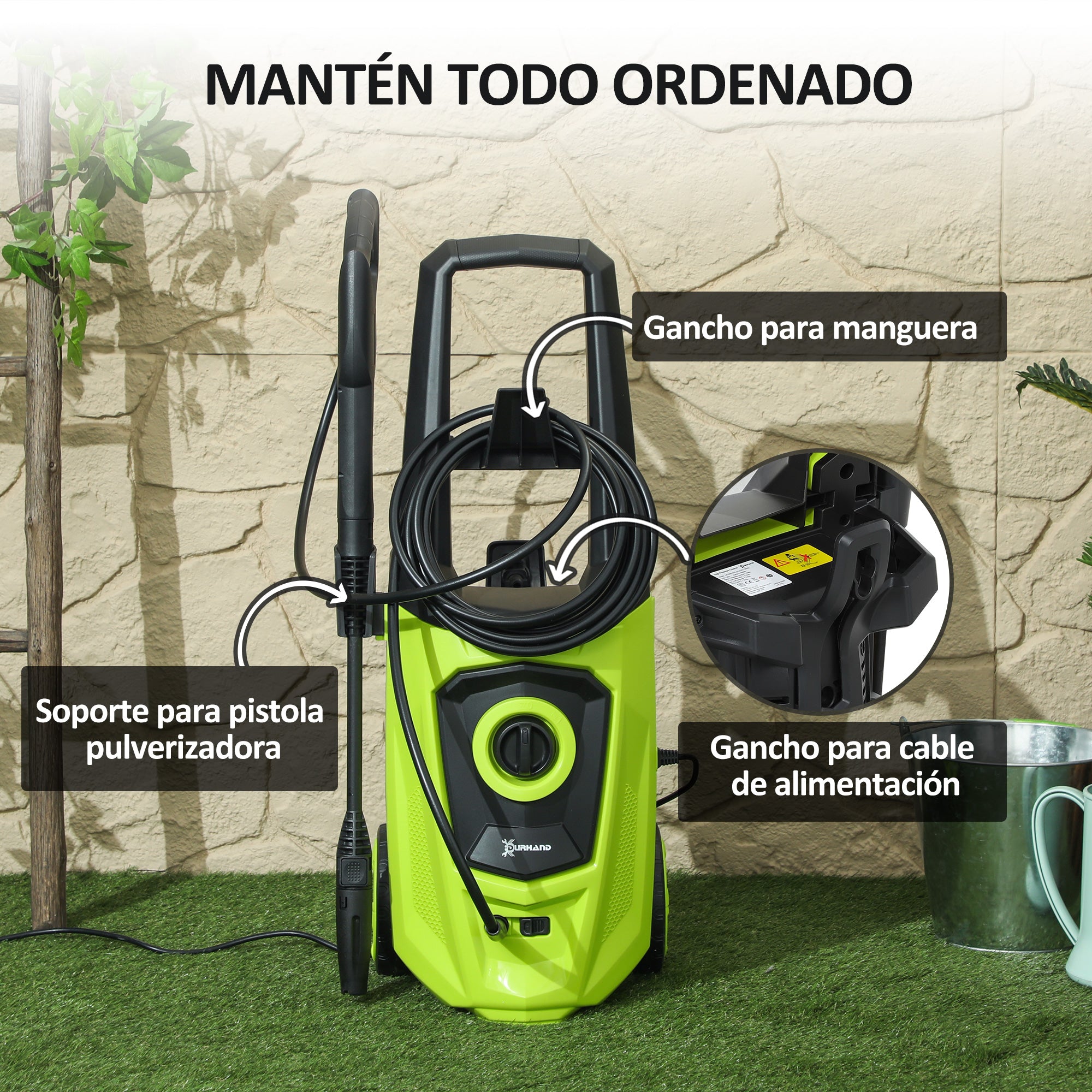 High Pressure Washer 1800W Flow Rate 510 L/h with Aluminum Pump Automatic Stop Pressure of 150 Bar 6m Hose Includes Soap Bottle Brush Nozzle Green and Black