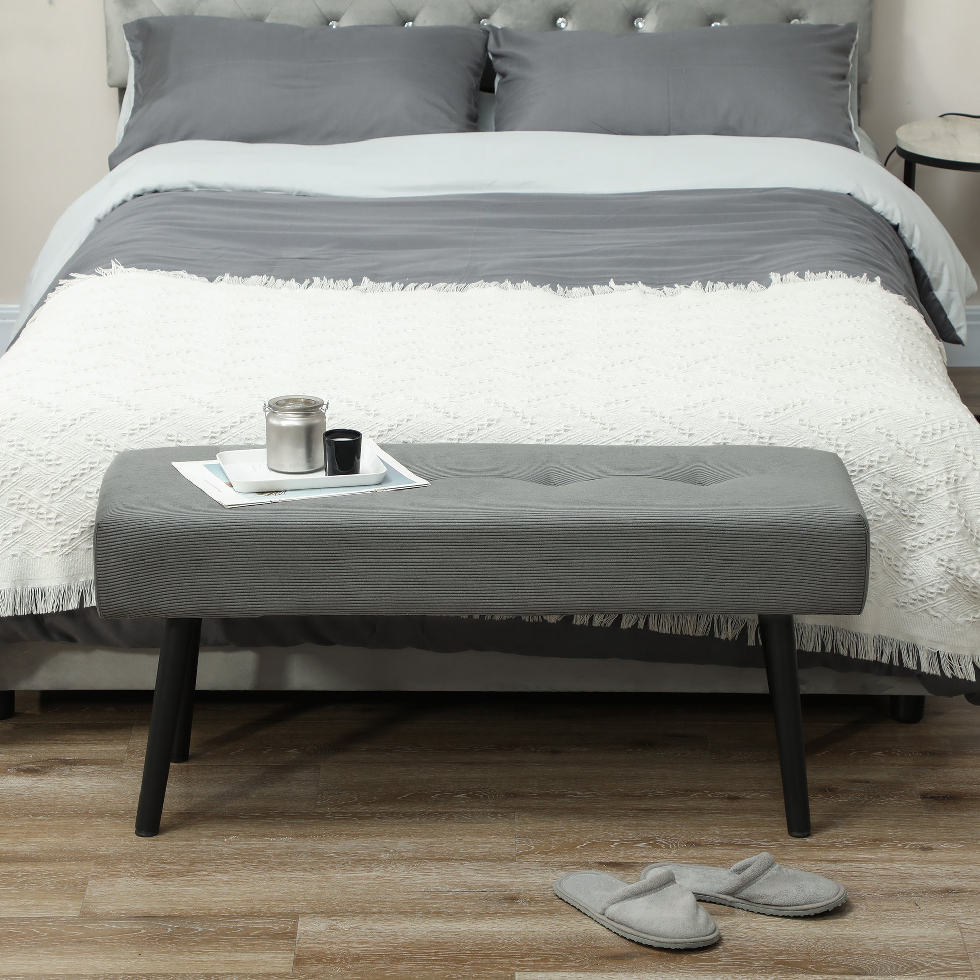 Upholstered Bench with Cord Cover, Tufted Bed Bench with Metal Legs, Shoe Bench Entryway Furniture up to 220 kg for Bedroom, Living Room, Hallway 100 x 36 x 45 cm Grey