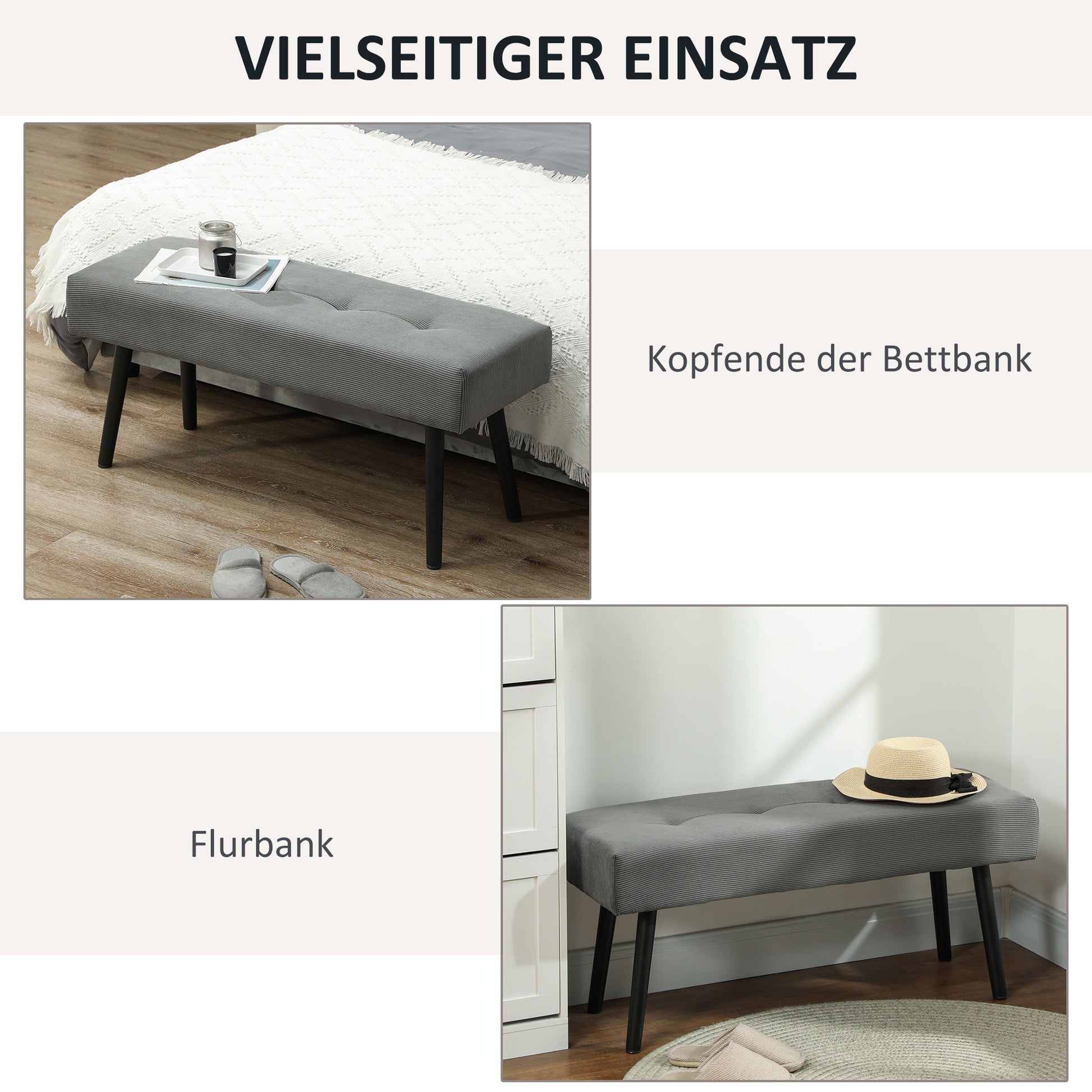 Upholstered Bench with Cord Cover, Tufted Bed Bench with Metal Legs, Shoe Bench Entryway Furniture up to 220 kg for Bedroom, Living Room, Hallway 100 x 36 x 45 cm Grey