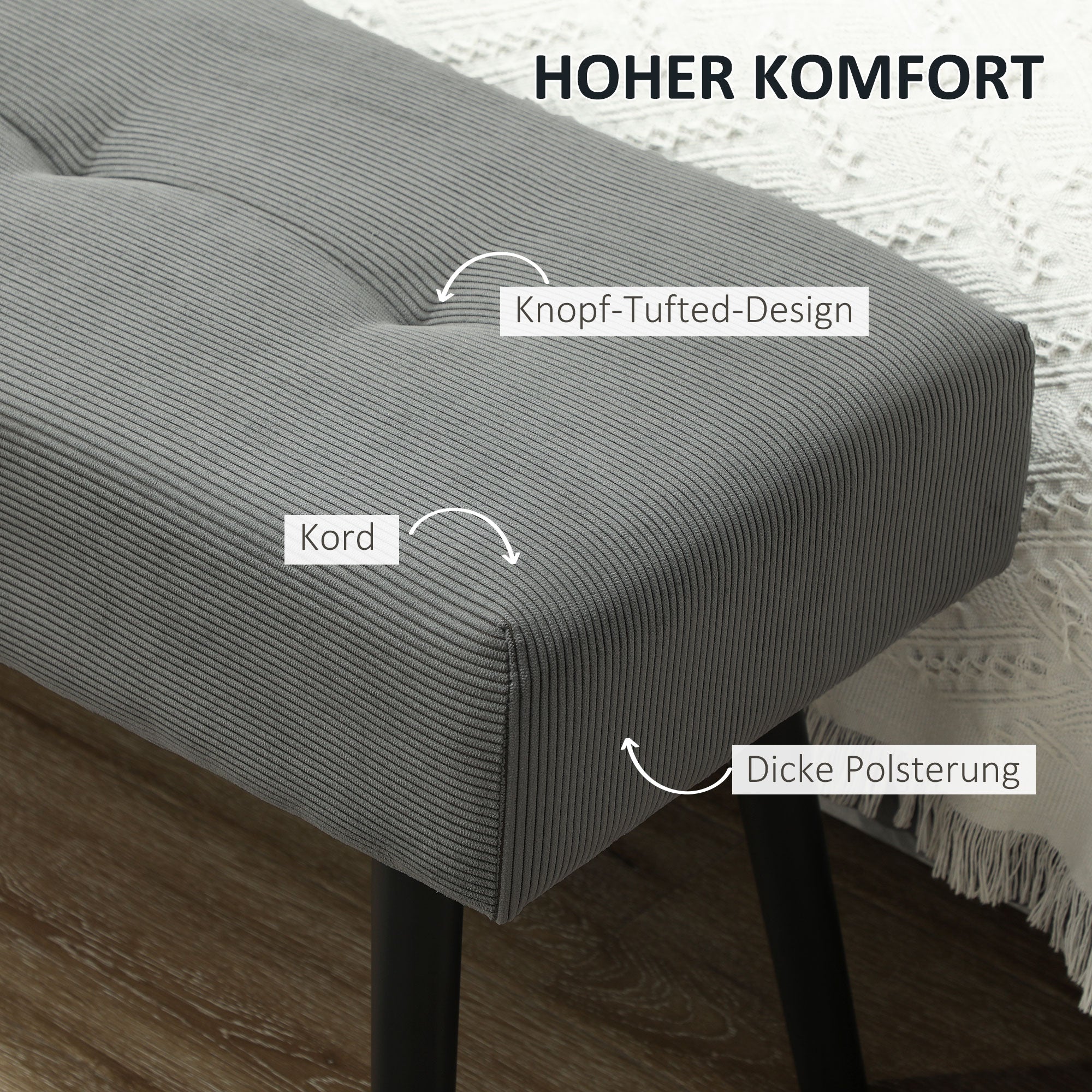Upholstered Bench with Cord Cover, Tufted Bed Bench with Metal Legs, Shoe Bench Entryway Furniture up to 220 kg for Bedroom, Living Room, Hallway 100 x 36 x 45 cm Grey