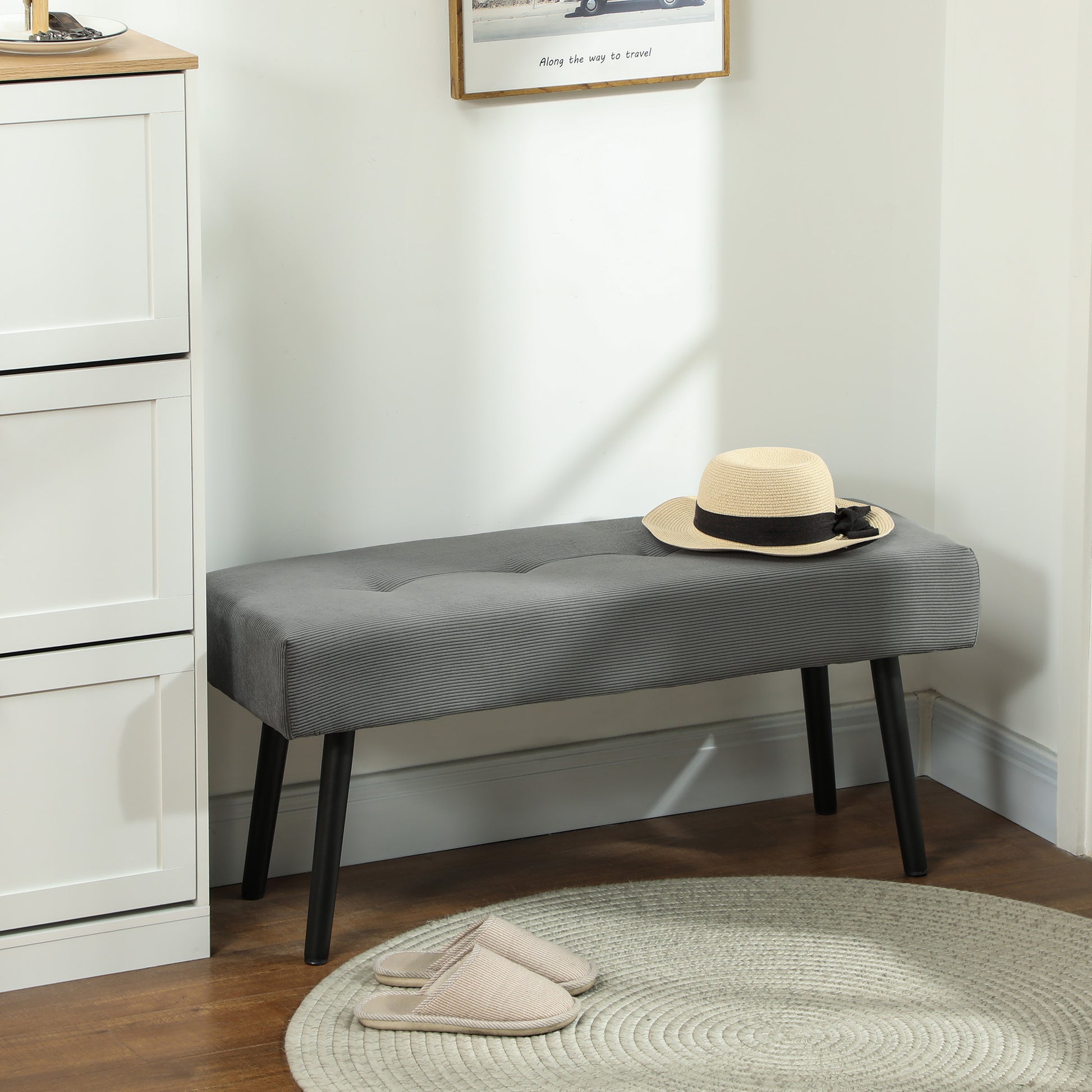 Upholstered Bench with Cord Cover, Tufted Bed Bench with Metal Legs, Shoe Bench Entryway Furniture up to 220 kg for Bedroom, Living Room, Hallway 100 x 36 x 45 cm Grey