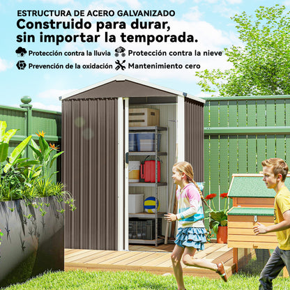 Metal Garden Shed — 1.18 m² (136 × 87 × 179 cm) Sliding Door, Sloped Roof, Gloves Included, Brown