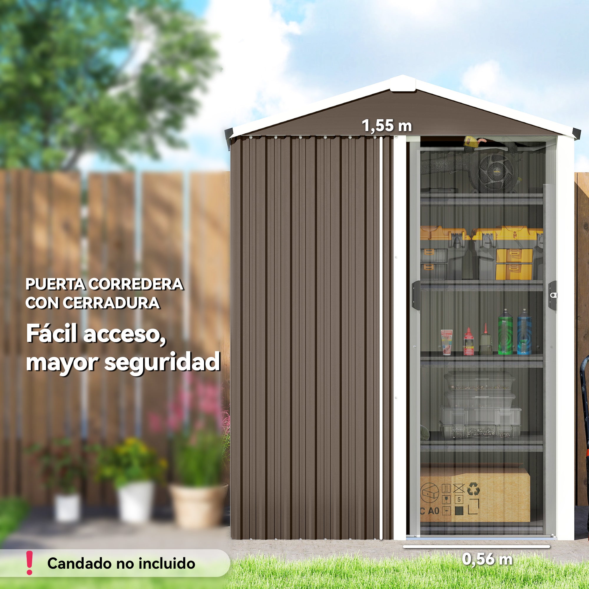Metal Garden Shed — 1.18 m² (136 × 87 × 179 cm) Sliding Door, Sloped Roof, Gloves Included, Brown