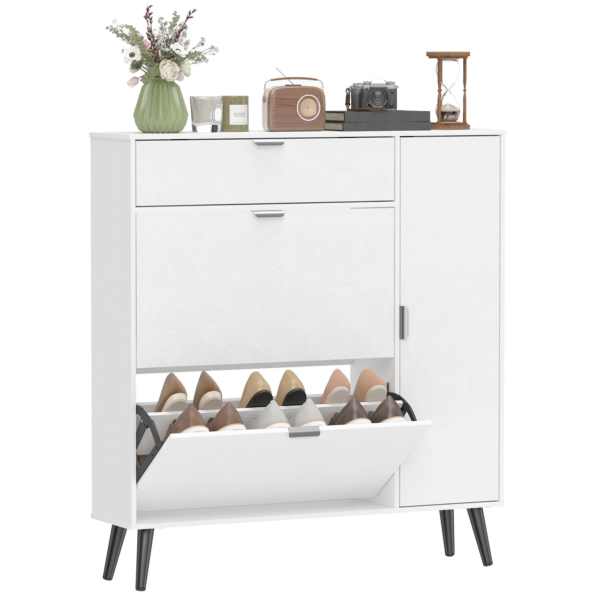 Slim Shoe Cabinet with 2 Flip Compartments, Leather-Effect Doors, 2 Cupboards & Adjustable Shelves, Soft-Close for Hallway & Entry — White
