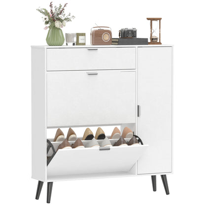 Slim Shoe Cabinet with 2 Flip Compartments, Leather-Effect Doors, 2 Cupboards & Adjustable Shelves, Soft-Close for Hallway & Entry — White