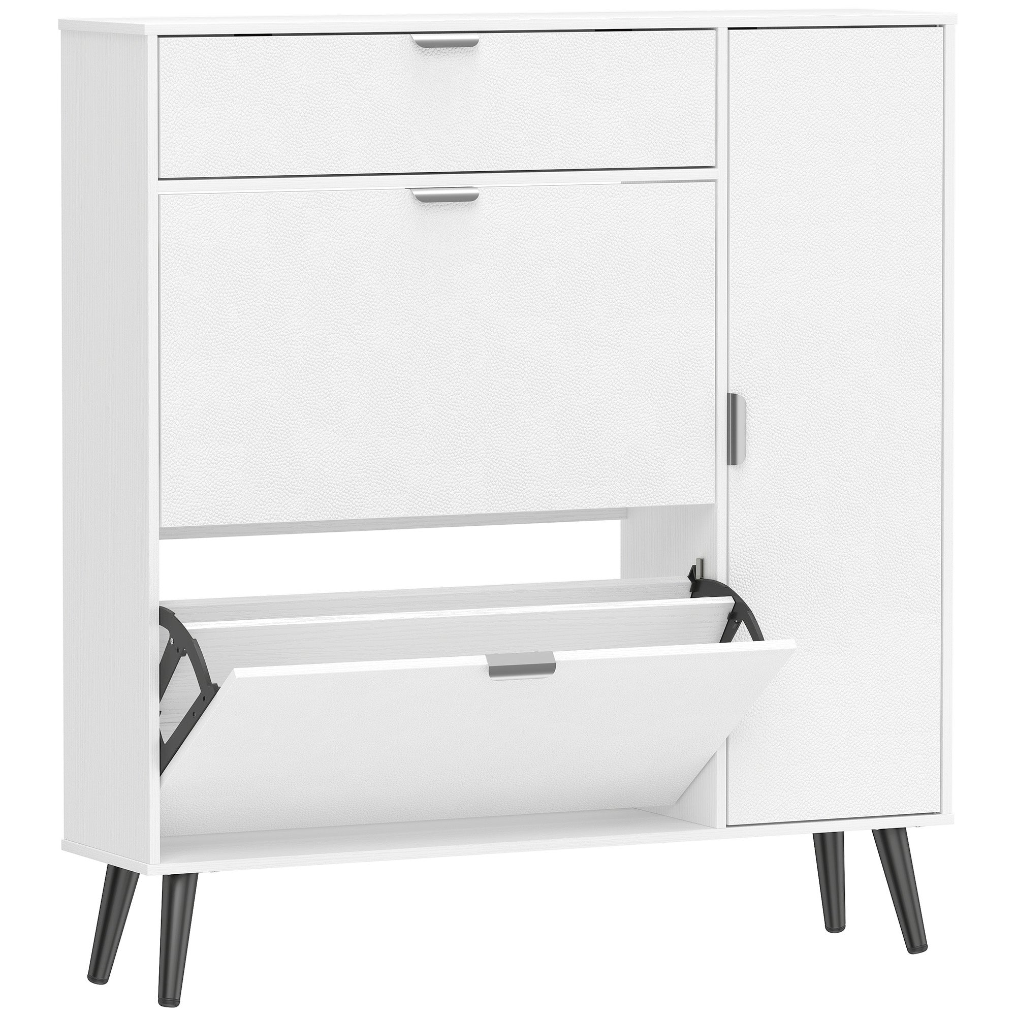 Slim Shoe Cabinet with 2 Flip Compartments, Leather-Effect Doors, 2 Cupboards & Adjustable Shelves, Soft-Close for Hallway & Entry — White