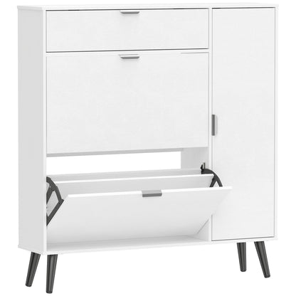Slim Shoe Cabinet with 2 Flip Compartments, Leather-Effect Doors, 2 Cupboards & Adjustable Shelves, Soft-Close for Hallway & Entry — White
