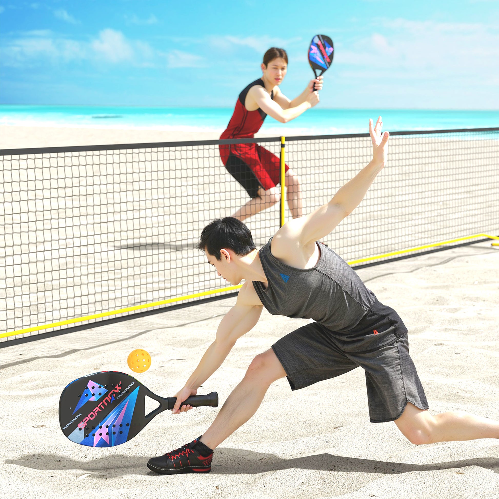 SPORTNOW Beach Tennis Paddle Set with 2 Paddles 2 Balls Lightweight Sturdy Beach Paddles with Bag Non-Slip Grip Paddle for Garden Sea Beach Outdoor Beach Game for Adults 28 x 23 cm