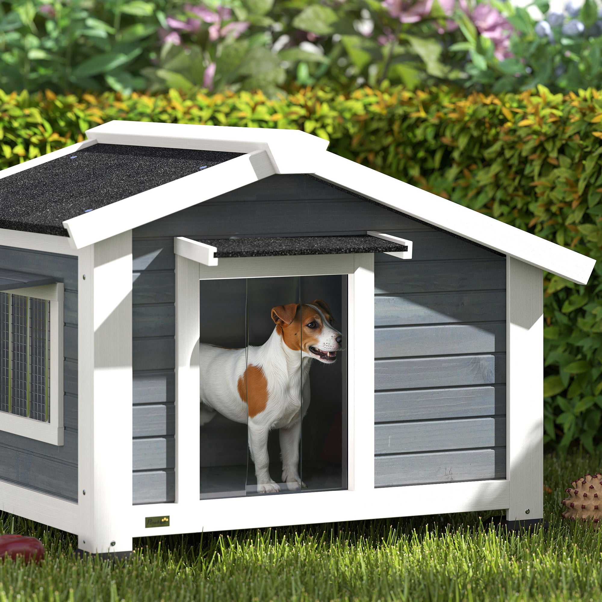 Weatherproof Wooden Dog House with Removable Floor, Asphalt Roof & Opening Window, 38.6" x 29.9" x 27.4" – Gray