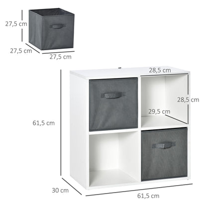4-Cube Bookshelf Modular Bookcase with 2 Removable Non-Woven Fabric Drawers for Office Study Bedroom 61.5x30x61.5 cm White and Gray