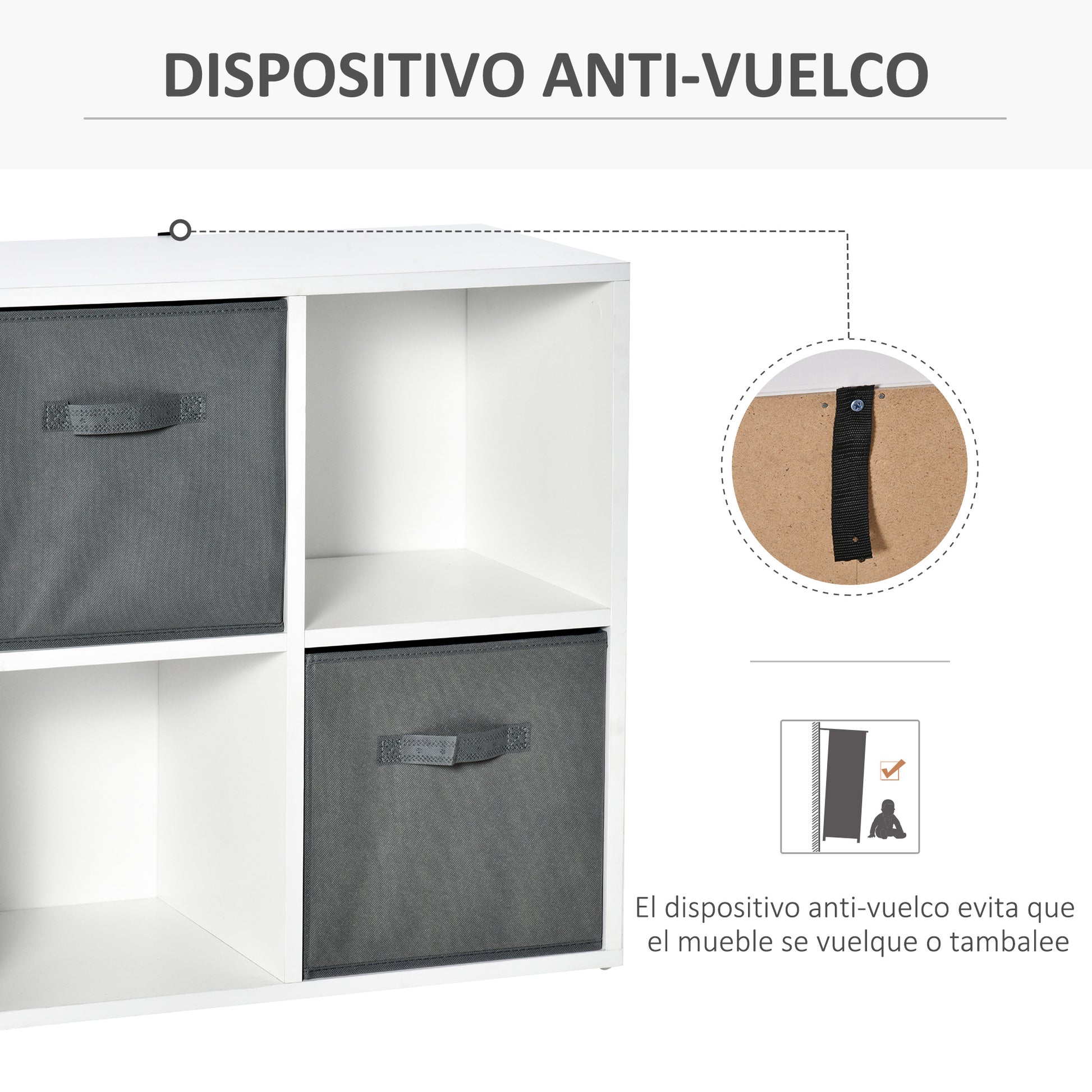 4-Cube Bookshelf Modular Bookcase with 2 Removable Non-Woven Fabric Drawers for Office Study Bedroom 61.5x30x61.5 cm White and Gray