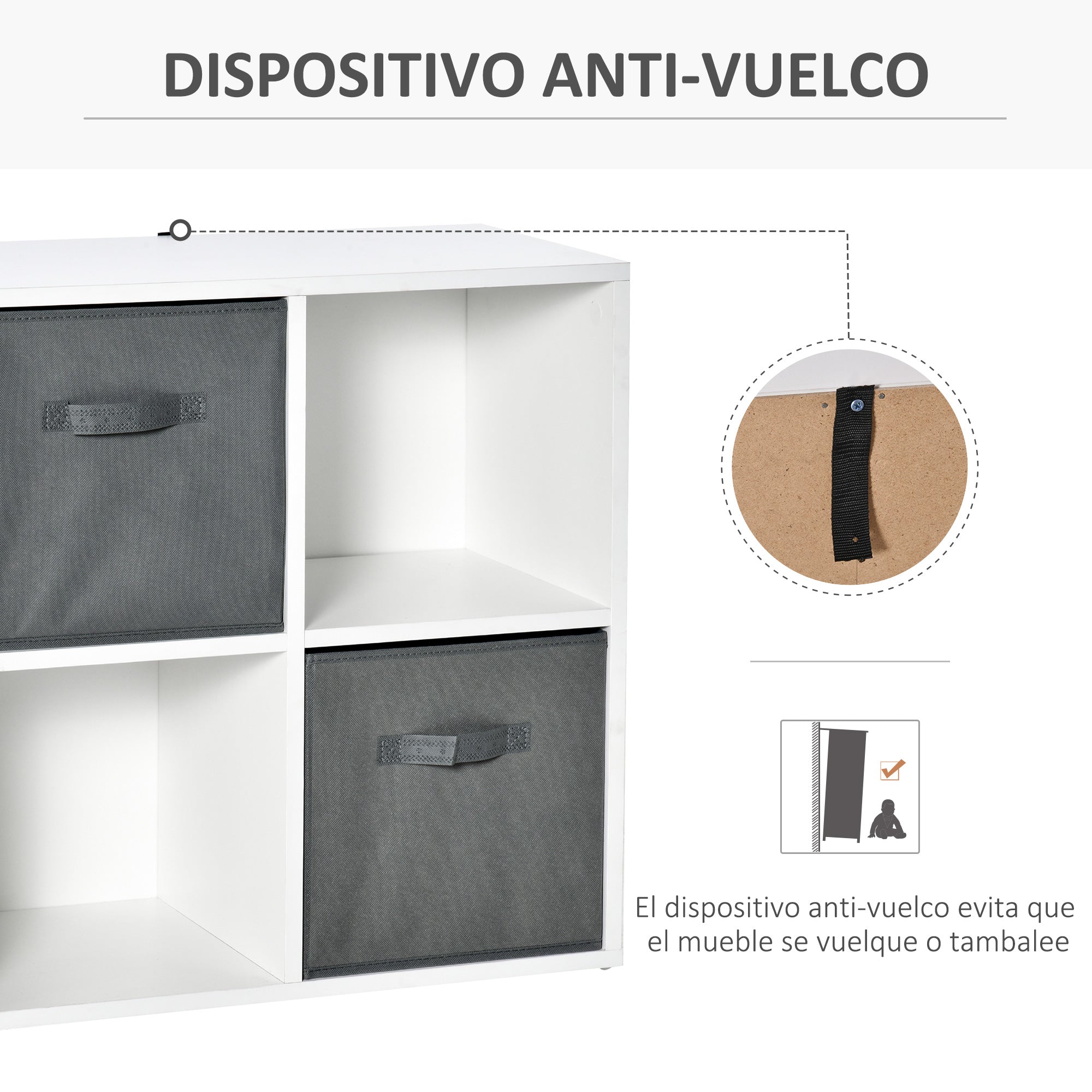 4-Cube Bookshelf Modular Bookcase with 2 Removable Non-Woven Fabric Drawers for Office Study Bedroom 61.5x30x61.5 cm White and Gray