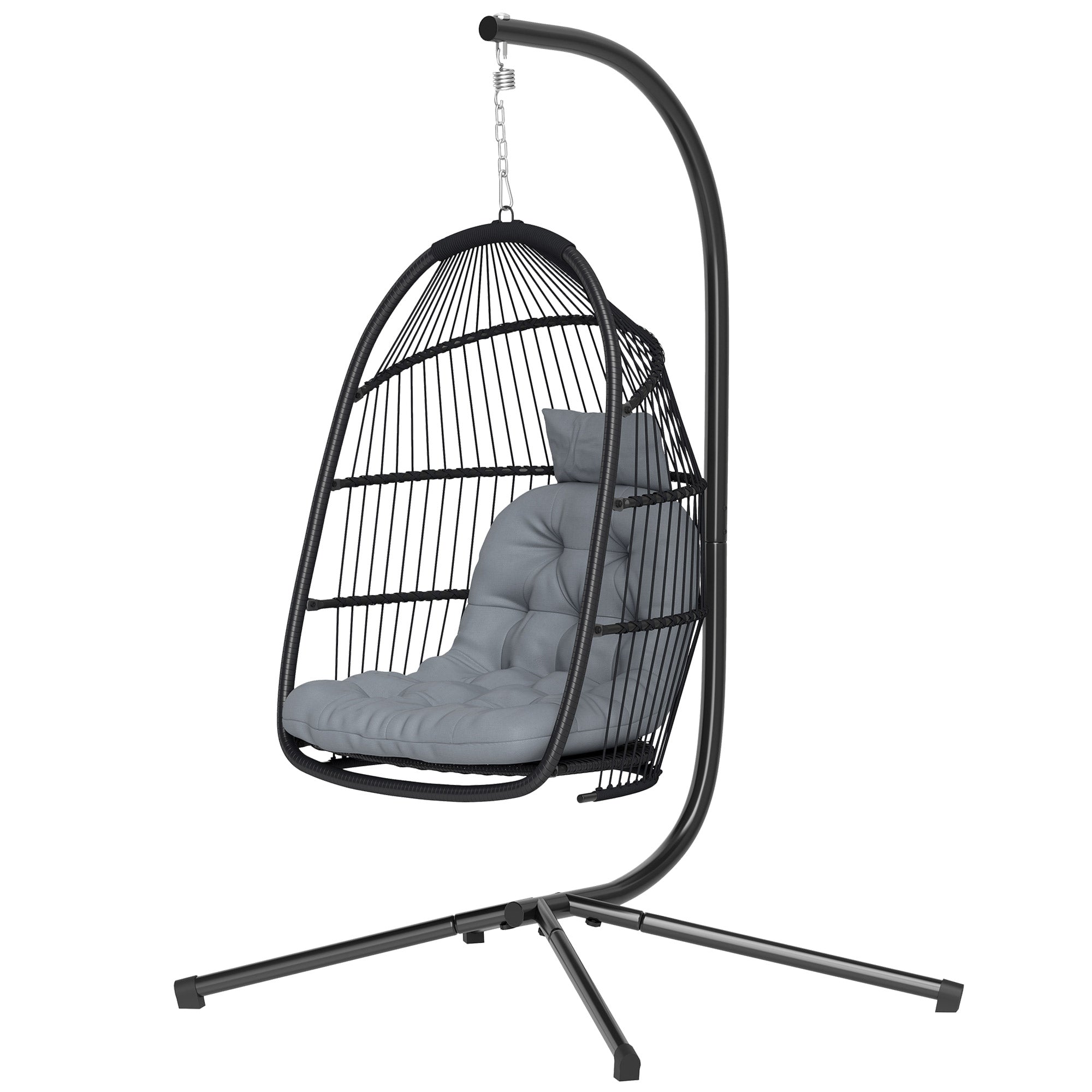 Egg Hanging Chair with Stand — Foldable PE Rattan Swing with UV-Resistant Cushion and Removable Headrest for Indoor & Outdoor, 331 lb Capacity, Dark Gray
