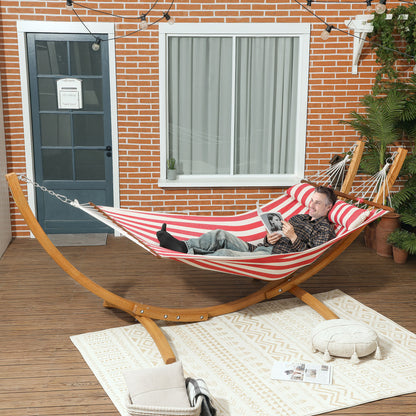 Single Hammock on Stand, Hammock with Wooden Support, Head Pillow, Cotton Bed, for Outdoor Terrace Pool, Red and White Stripes