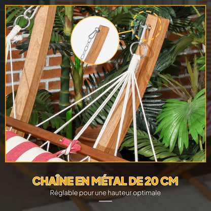 Single Hammock on Stand, Hammock with Wooden Support, Head Pillow, Cotton Bed, for Outdoor Terrace Pool, Red and White Stripes