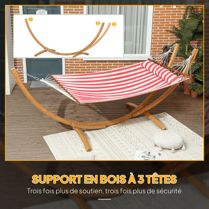 Single Hammock on Stand, Hammock with Wooden Support, Head Pillow, Cotton Bed, for Outdoor Terrace Pool, Red and White Stripes