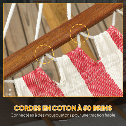 Single Hammock on Stand, Hammock with Wooden Support, Head Pillow, Cotton Bed, for Outdoor Terrace Pool, Red and White Stripes